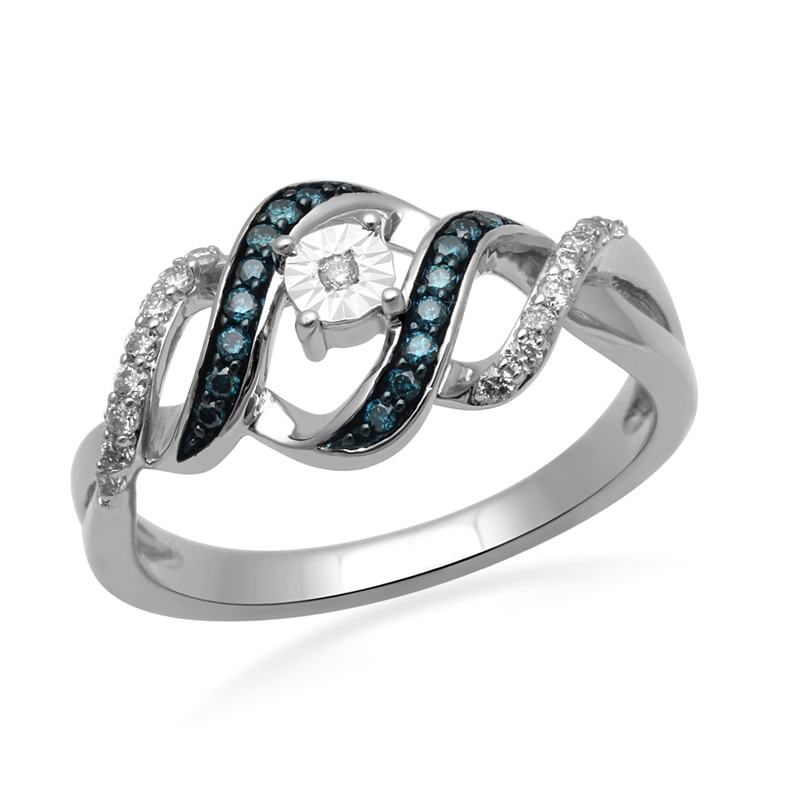 0.25 CT. T.W. Enhanced Blue and White Diamond Cascading Bypass Ring in Sterling Silver