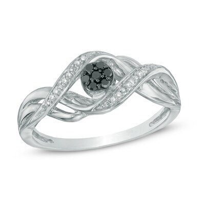 0.10 CT. T.W. Enhanced Black and White Diamond Cluster Bypass Ring in Sterling Silver