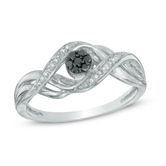0.10 CT. T.W. Enhanced Black and White Diamond Cluster Bypass Ring in Sterling Silver