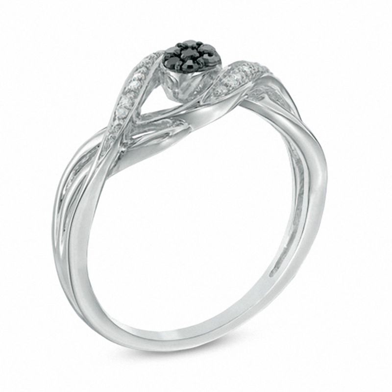 0.10 CT. T.W. Enhanced Black and White Diamond Cluster Bypass Ring Sterling Silver