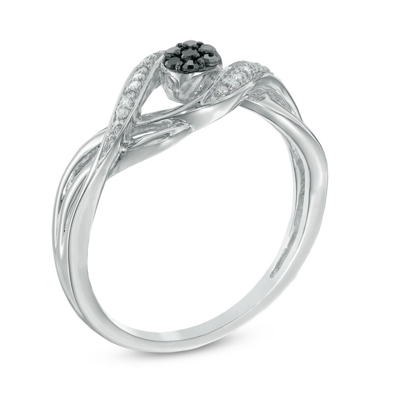 Main Image 2 of 0.10 CT. T.W. Enhanced Black and White Diamond Cluster Bypass Ring in Sterling Silver
