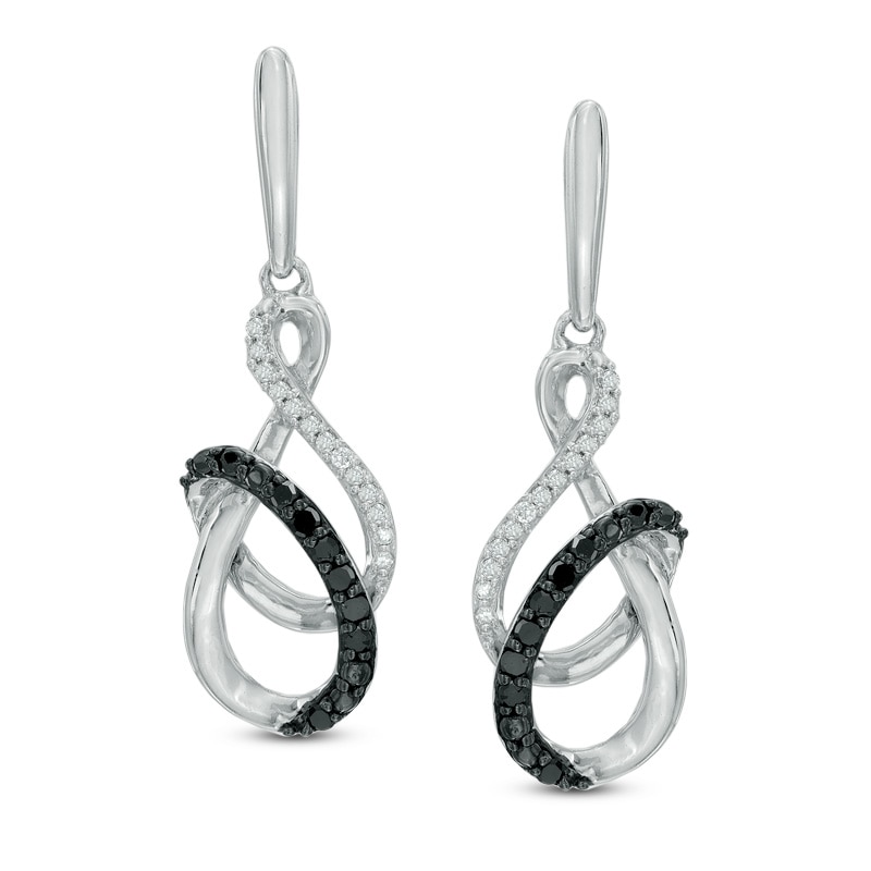 Main Image 1 of 0.15 CT. T.W. Enhanced Black and White Diamond Infinity Ribbon Drop Earrings in Sterling Silver