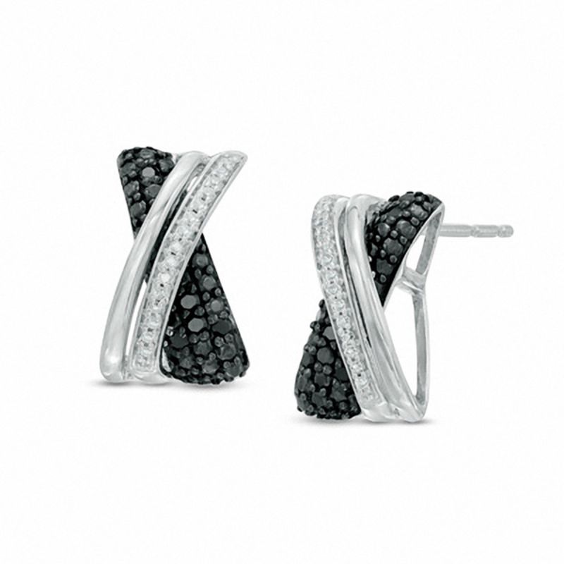 Main Image 1 of 0.15 CT. T.W. Enhanced Black and White Diamond "X" J-Hoop Earrings in Sterling Silver