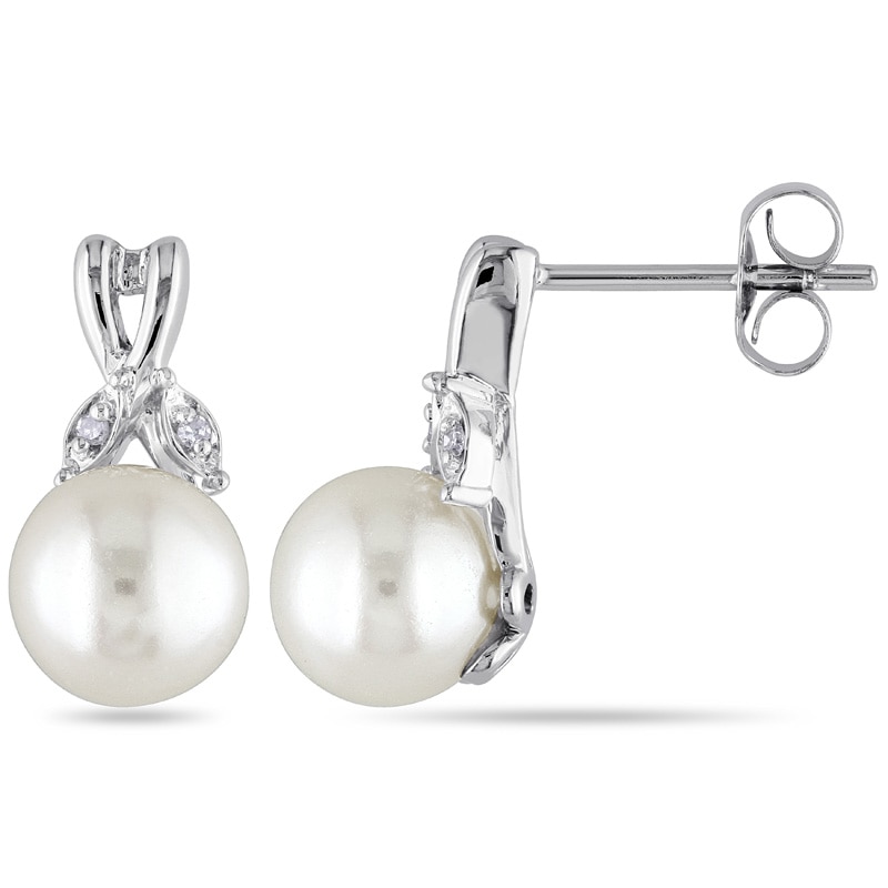 7.5 - 8.0mm Cultured Freshwater Pearl and Diamond Accent Drop Earrings in 10K White Gold|Peoples Jewellers