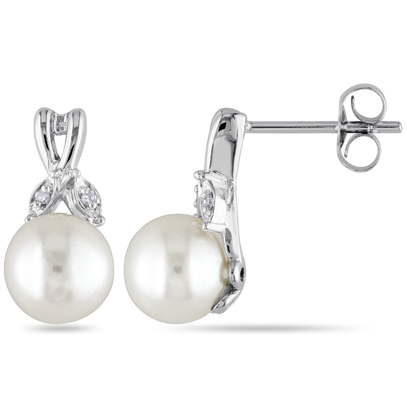 7.5 - 8.0mm Cultured Freshwater Pearl and Diamond Accent Drop Earrings in 10K White Gold