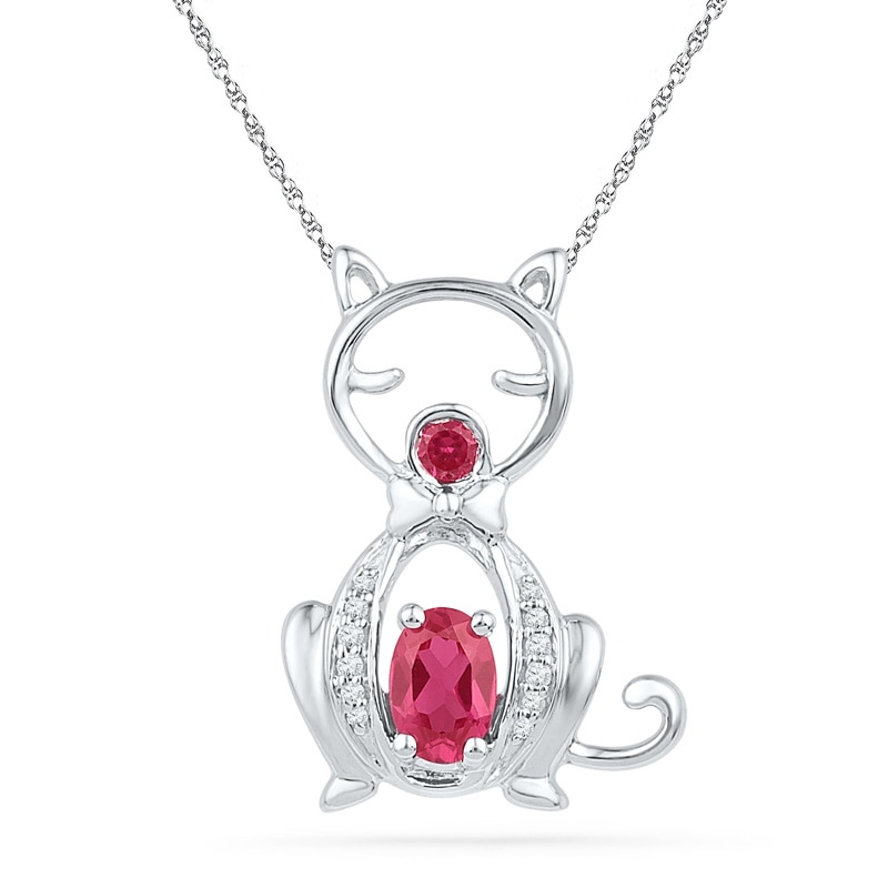 Oval Lab-Created Ruby and 0.05 CT. T.W. Diamond Cat Pendant in Sterling Silver