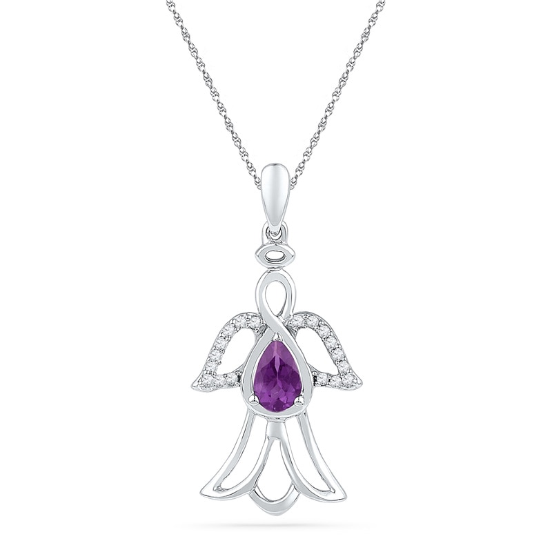 Pear-Shaped Amethyst and 0.10 CT. T.W. Diamond Angel Pendant in Sterling Silver
