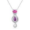 Thumbnail Image 1 of Oval Lab-Created Pink Sapphire, Amethyst and 0.12 CT. T.W. Diamond Cat Pendant in Sterling Silver