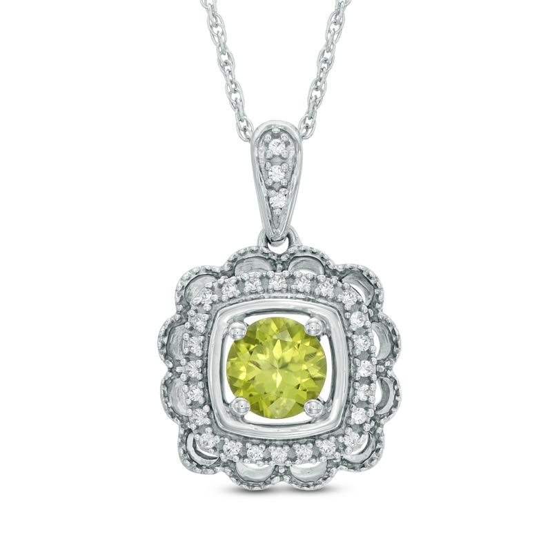 5.0mm Peridot and 0.10 CT. T.W. Diamond Frame Square Pendant in Sterling Silver