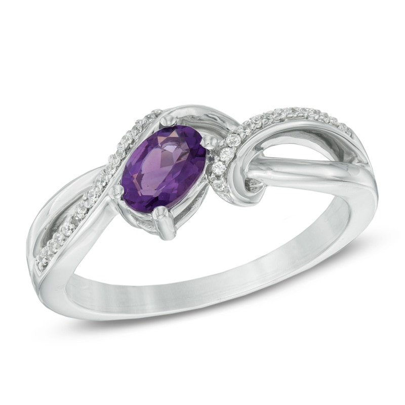 Oval Amethyst and 0.10 CT. T.W. Diamond Split Shank Ring in Sterling Silver