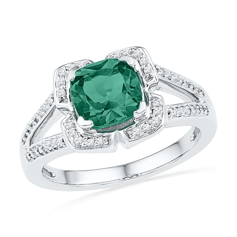 7.0mm Cushion-Cut Lab-Created Emerald and 0.12 CT. T.W. Diamond Frame Ring in Sterling Silver