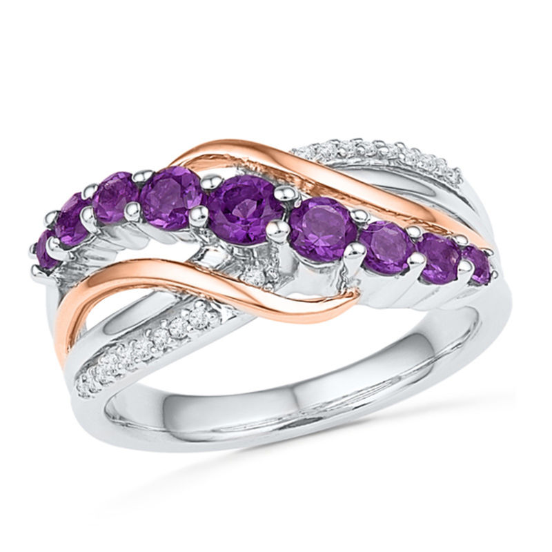 Amethyst and Diamond Accent Slant Ring in Sterling Silver and 10K Rose Gold