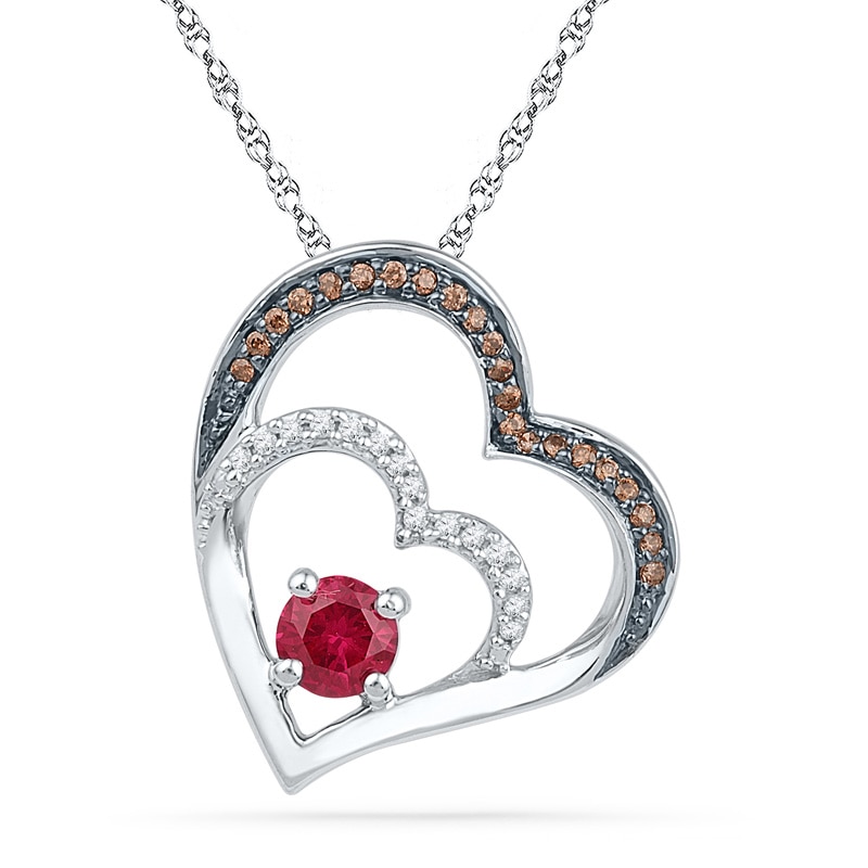 5.0mm Lab-Created Ruby and 0.20 CT. T.W. Champagne and White Diamond Double Heart Pendant in Sterling Silver