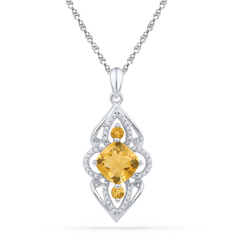 7.0mm Cushion-Cut Citrine and 0.16 CT. T.W. Diamond Pendant in Sterling Silver