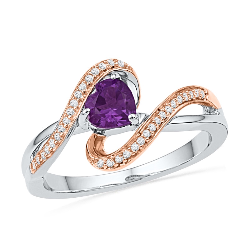 5.0mm Heart-Shaped Amethyst and 0.10 CT. T.W. Diamond Ring in Sterling Silver and 10K Rose Gold
