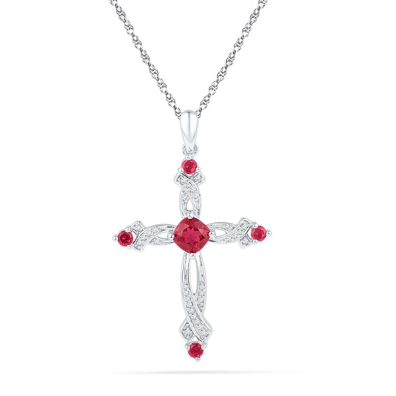 5.0mm Cushion-Cut Lab-Created Ruby and 0.12 CT. T.W. Diamond Cross Pendant in Sterling Silver