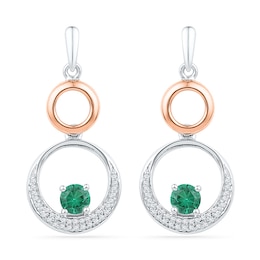 4.3mm Lab-Created Emerald and 0.20 CT. T.W. Diamond Double Circle Drop Earrings in Sterling Silver and 10K Rose Gold