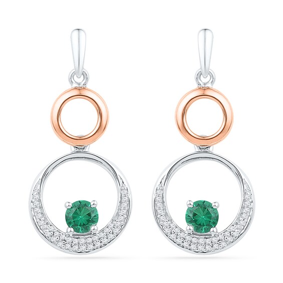 4.3mm Lab-Created Emerald and 0.20 CT. T.W. Diamond Double Circle Drop Earrings in Sterling Silver and 10K Rose Gold