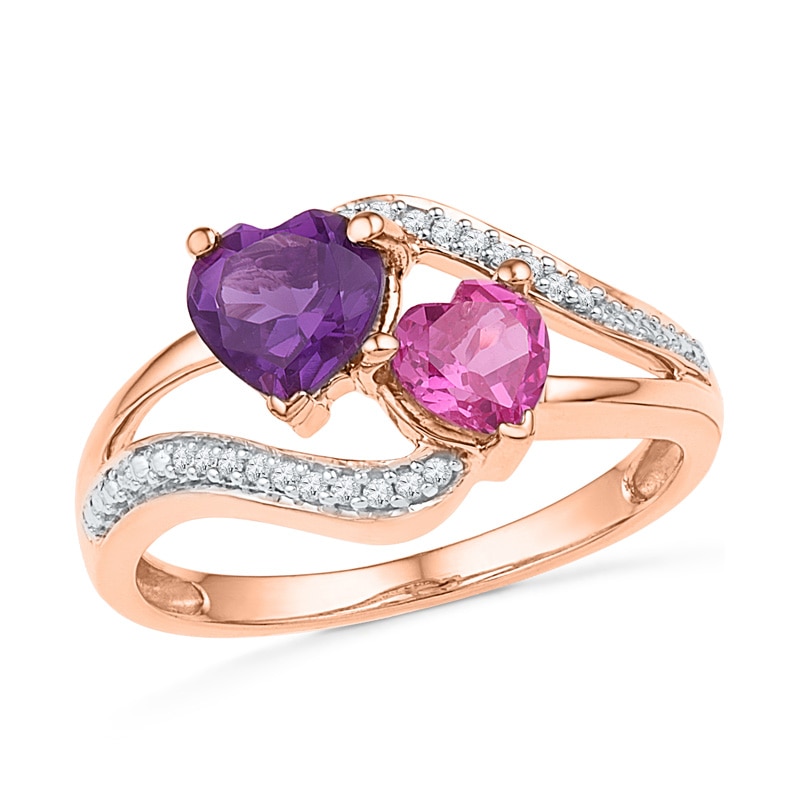 6.0mm Heart-Shaped Amethyst, Lab-Created Pink Sapphire and Diamond Accent Ring in 10K Rose Gold