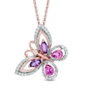 Thumbnail Image 1 of Pear-Shaped Lab-Created Pink Sapphire, Amethyst and 0.10 CT. T.W. Diamond Butterfly Pendant in 10K Rose Gold