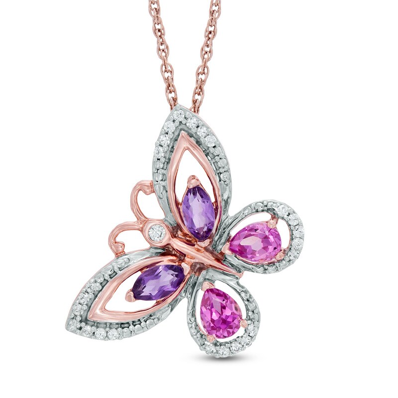 Pear-Shaped Lab-Created Pink Sapphire, Amethyst and 0.10 CT. T.W. Diamond Butterfly Pendant in 10K Rose Gold|Peoples Jewellers