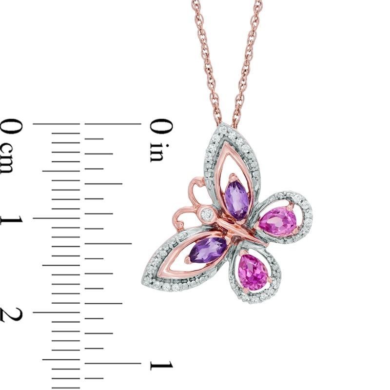 Main Image 2 of Pear-Shaped Lab-Created Pink Sapphire, Amethyst and 0.10 CT. T.W. Diamond Butterfly Pendant in 10K Rose Gold