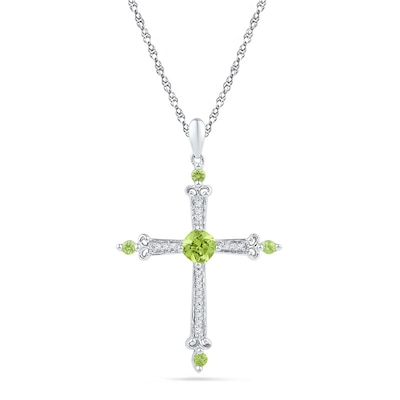 4.5mm Cushion-Cut Peridot and Diamond Accent Cross Pendant in 10K White Gold