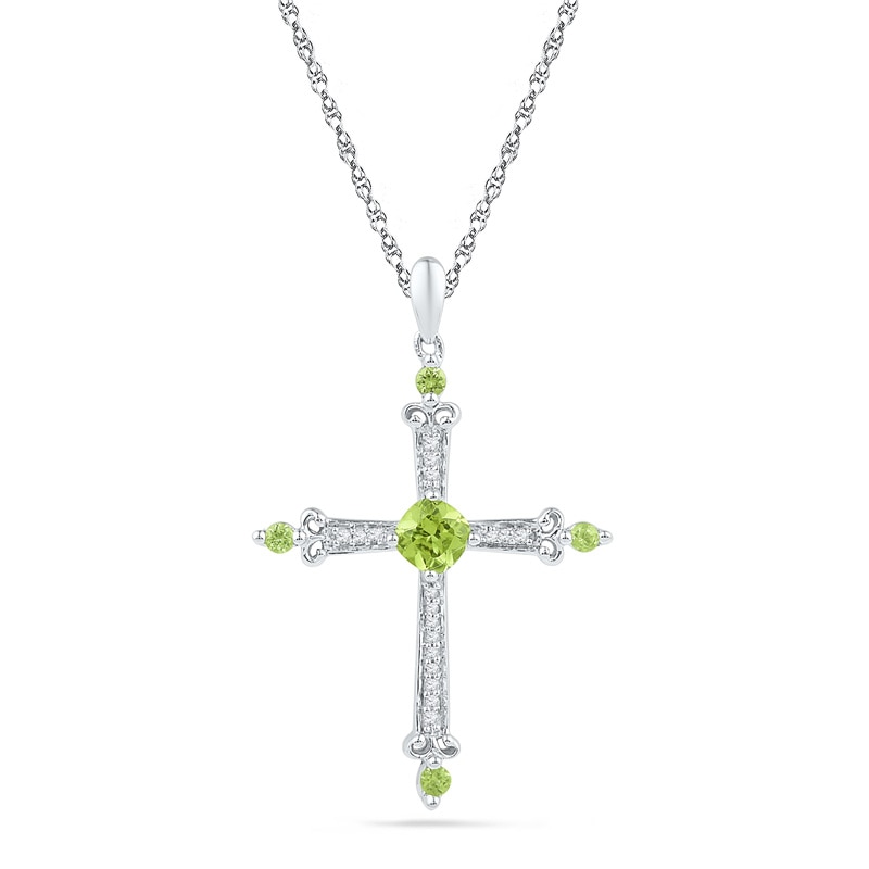 Main Image 1 of 4.5mm Cushion-Cut Peridot and Diamond Accent Cross Pendant in 10K White Gold
