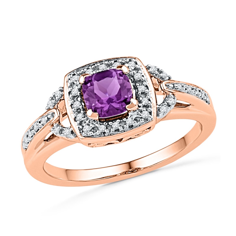 Main Image 1 of 5.0mm Cushion-Cut Amethyst and 0.11  CT. T.W. Diamond Frame Ring in 10K Rose Gold