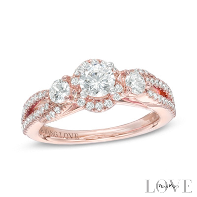 Vera Wang Love Collection 0.95 CT. T.W. Diamond Three Stone Split Shank Engagement Ring in 14K Rose Gold