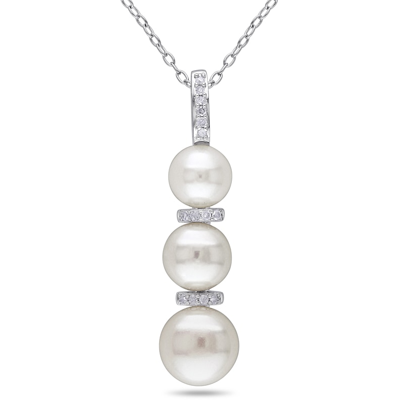 6.0 - 8.5mm Cultured Freshwater Pearl and 0.07 CT. T.W. Diamond Triple Drop Pendant in Sterling Silver