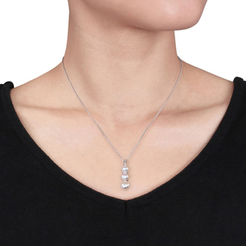 6.0 - 8.5mm Cultured Freshwater Pearl and 0.07 CT. T.W. Diamond Triple Drop Pendant in Sterling Silver