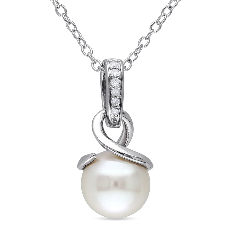 8.0 - 8.5mm Cultured Freshwater Pearl and Diamond Accent Loop Pendant in Sterling Silver|Peoples Jewellers