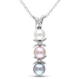 4.5 - 6.0mm Multi-Colour Cultured Freshwater Pearl and Diamond Accent  &quot;X&quot; and &quot;O&quot; Pendant in Sterling Silver