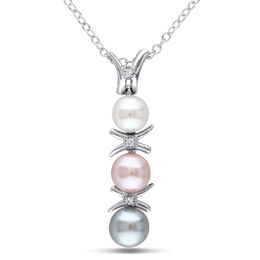 4.5-6.0mm Multi-Colour Freshwater Cultured Pearl and Diamond Accent  "X" and "O" Pendant in Sterling Silver