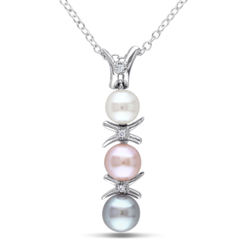 4.5 - 6.0mm Multi-Colour Cultured Freshwater Pearl and Diamond Accent  "X" and "O" Pendant in Sterling Silver