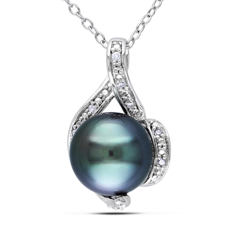 9.0 - 9.5mm Black Cultured Tahitian Pearl and 0.05 CT. T.W. Diamond Loop Pendant in Sterling Silver|Peoples Jewellers