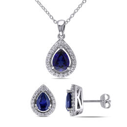 Pear-Shaped Blue and White Lab-Created Sapphire Frame Pendant and Stud Earrings Set in Sterling Silver