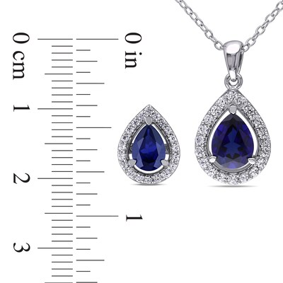 Pear-Shaped Blue and White Lab-Created Sapphire Frame Pendant and Stud Earrings Set in Sterling Silver