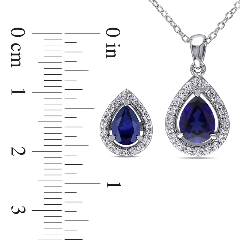 Pear-Shaped Blue and White Lab-Created Sapphire Frame Pendant and Stud Earrings Set in Sterling Silver