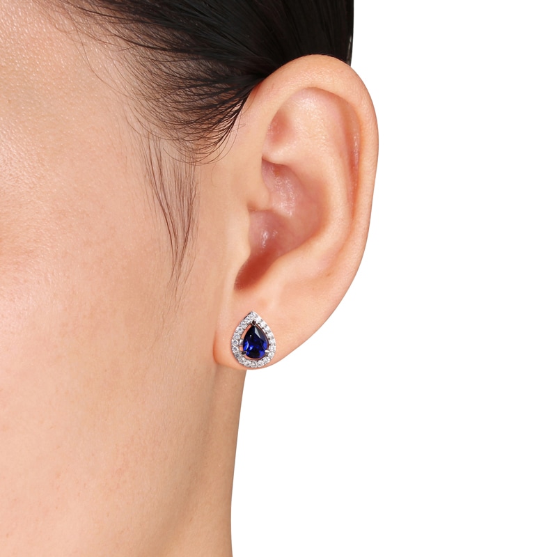 Pear-Shaped Blue and White Lab-Created Sapphire Frame Pendant and Stud Earrings Set in Sterling Silver