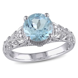 8.0mm Sky Blue Topaz and 0.04 CT. T.W. Diamond Vintage-Style Filigree Ring in Sterling Silver