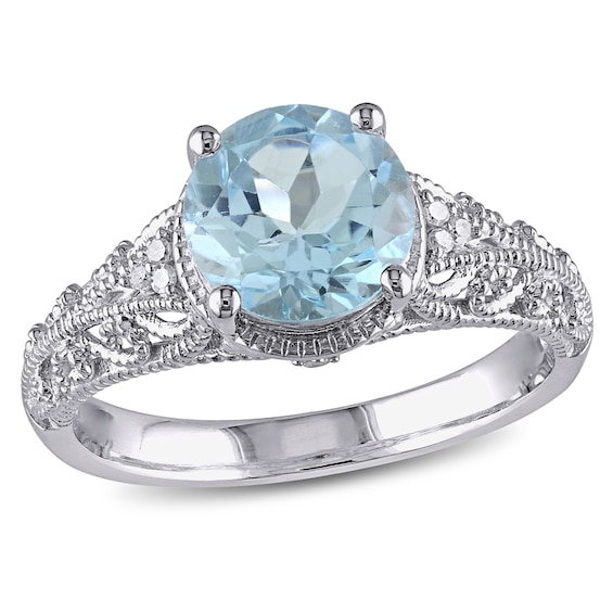 8.0mm Sky Blue Topaz and 0.04 CT. T.W. Diamond Vintage-Style Filigree Ring in Sterling Silver
