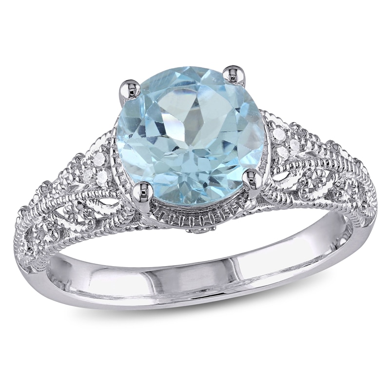 8.0mm Sky Blue Topaz and 0.04 CT. T.W. Diamond Vintage-Style Filigree Ring in Sterling Silver