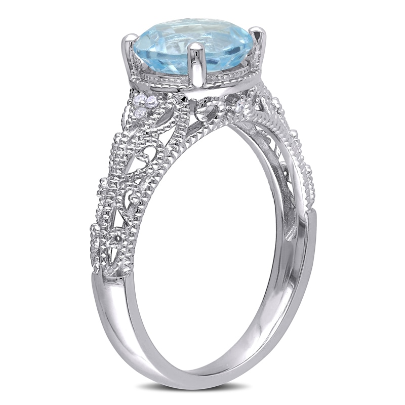 8.0mm Sky Blue Topaz and Diamond Accent Filigree Ring in Sterling Silver
