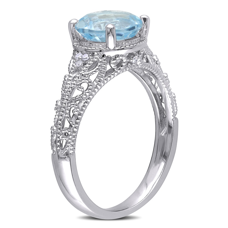 Main Image 2 of 8.0mm Sky Blue Topaz and 0.04 CT. T.W. Diamond Vintage-Style Filigree Ring in Sterling Silver