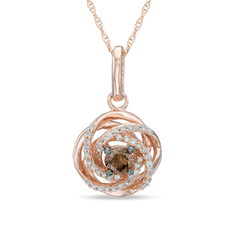 Main Image 1 of 0.25 CT. T.W. Champagne and White Diamond Love Knot Pendant in 10K Rose Gold