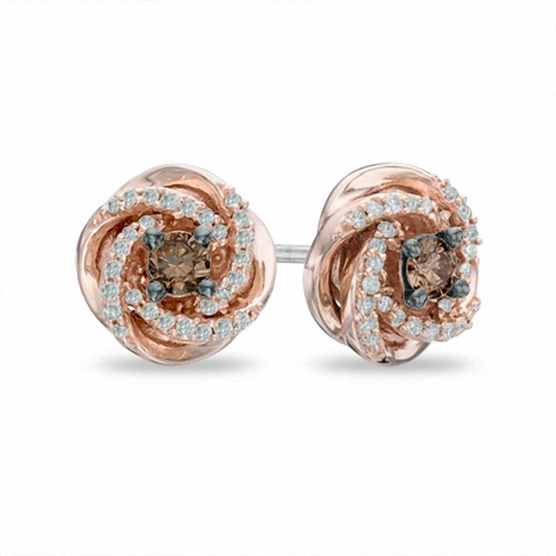 0.25 CT. T.W. Champagne and White Diamond Love Knot Stud Earrings in 10K Rose Gold
