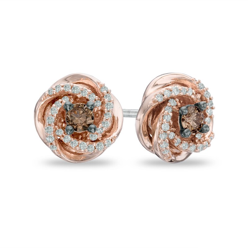 Main Image 1 of 0.25 CT. T.W. Champagne and White Diamond Love Knot Stud Earrings in 10K Rose Gold