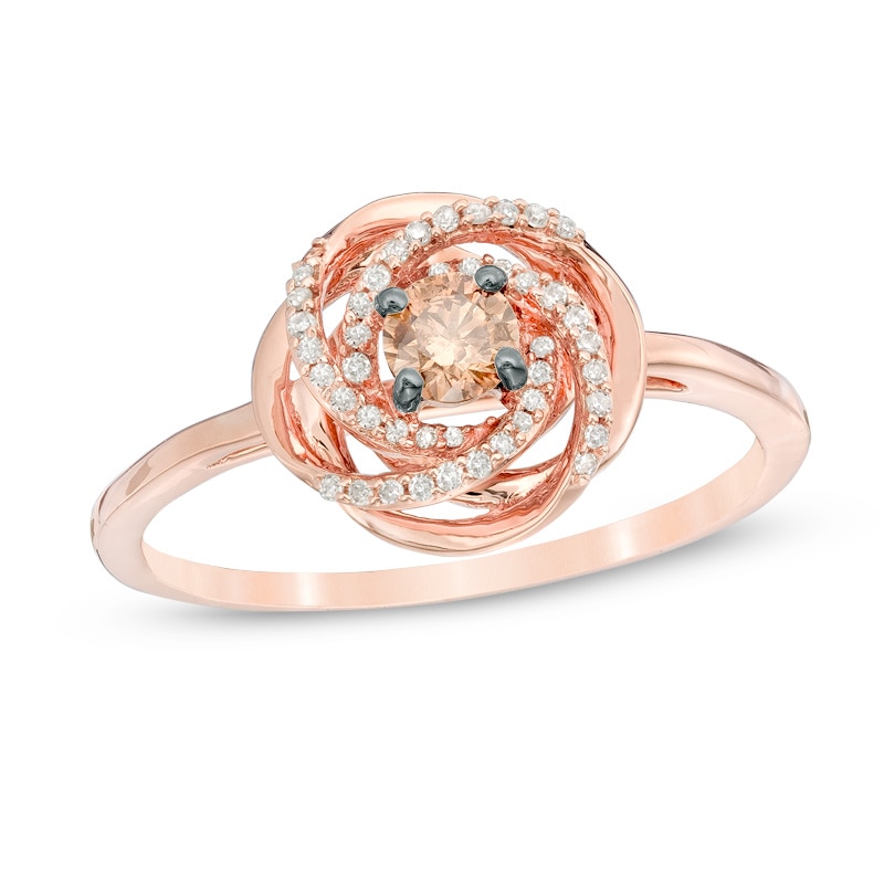 0.25 CT. T.W. Champagne and White Diamond Love Knot Ring in 10K Rose Gold